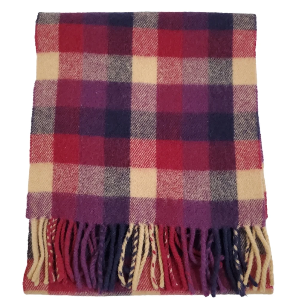 Maban of Scotland Plaid Fringe Scarf Pure New Lambswool Burgundy Black Tan